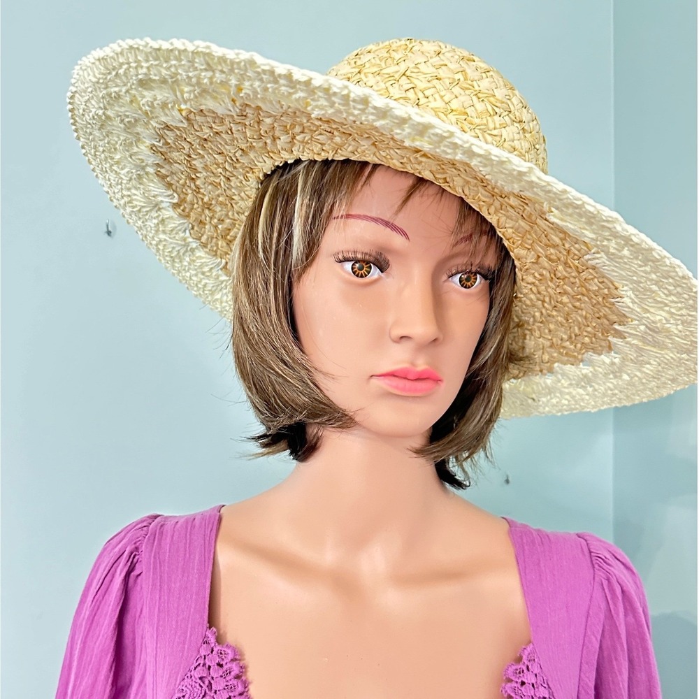 Francesca's Sun Hat Womens OS‎ Ivory Colorblock Woven Paper Boho Wide Brim NEW